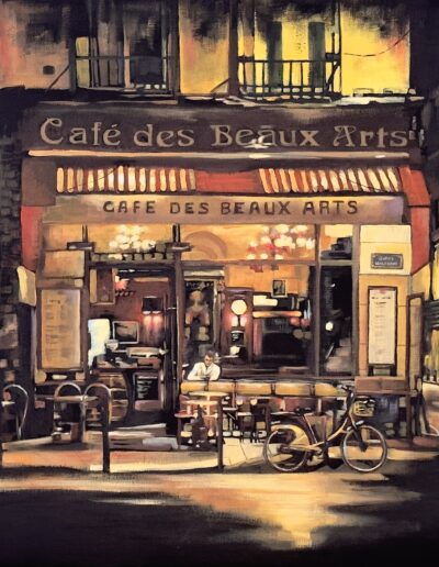 Obraz Anny Szelągowskiej przedstawiający francuską kafejkę wieczorową porą