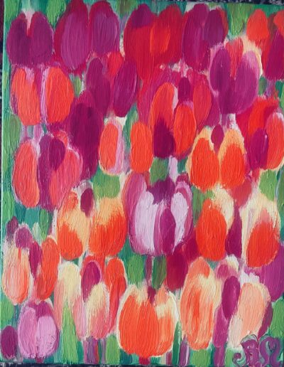 Obraz Beaty Murawskiej przedstawiający rzędy pomarańczowych i purpurowych tulipanów